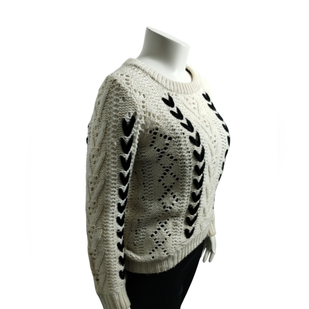 Alya Oversized Chunky Crochet Cable Knit Ivory Crew Sweater Lace Detail Women S